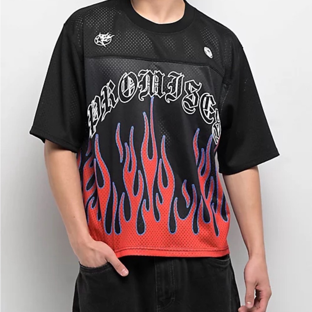 Broken Promises Frenemy black football jersey with a flame graphic-M-Y2K-Unisex